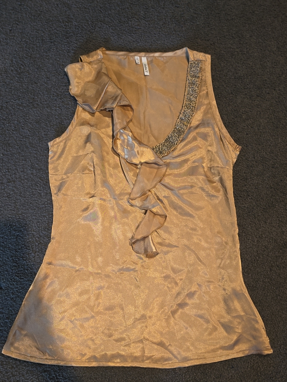 Studio Y Gold Satin Ruffle Tank with Beaded Trim
